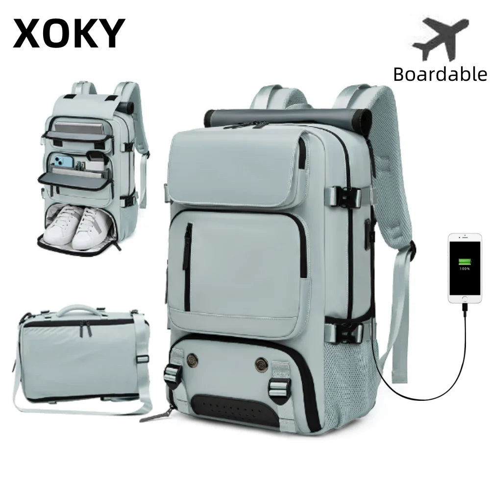Large Travel Backpack Boardable Backpack USB Charging Waterproof Outdoor Travel Backpack Independent Shoe Compartment 8102